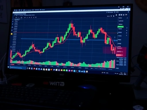 컴퓨터 화면에 비트코인 차트가 표시되고 그래프가 겹쳐져 복잡한 재정적 맥락을 강조하며, 차가운 조명과 분석적인 스타일로 신중한 투자 접근 방식을 나타내는 두 번째 이미지