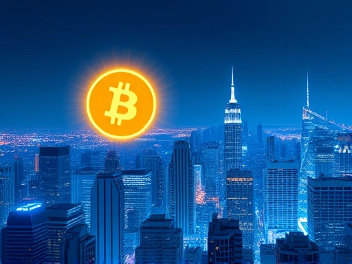 역동적인 도시 스카이라인을 배경으로 비트코인 로고가 빛나는 미래지향적인 분위기