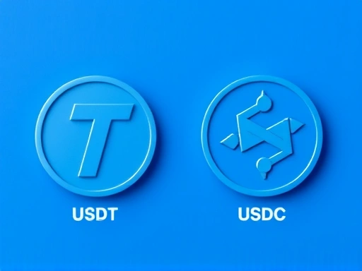 USDT와 USDC 로고를 나란히 배치하여 두 스테이블코인을 비교하는 이미지