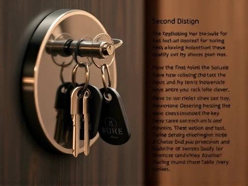 안전한 키 저장소의 클로즈업 상세 묘사, 고급스러운 스타일과 차분한 색상을 사용하여 보안 및 신뢰의 감정을 표현하는 두 번째 이미지