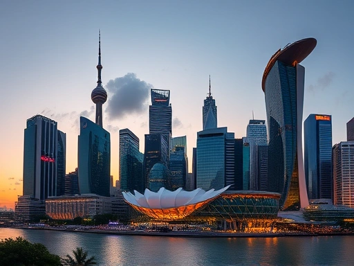 싱가포르 금융 지구의 현대적인 스카이라인을 보여주는 탁 트인 이미지