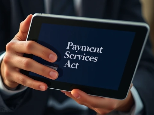 Payment Services Act 로고가 새겨진 태블릿을 들고 있는 사람의 손을 클로즈업한 사진으로, 계약서의 중요한 부분을 강조합니다.