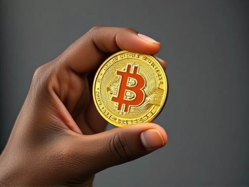 클로즈업 샷으로 비트코인 로고가 새겨진 동전을 들고 있는 손을 보여주는 이미지