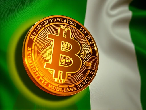 나이지리아 국기를 배경으로 비트코인 로고가 빛나는 모습