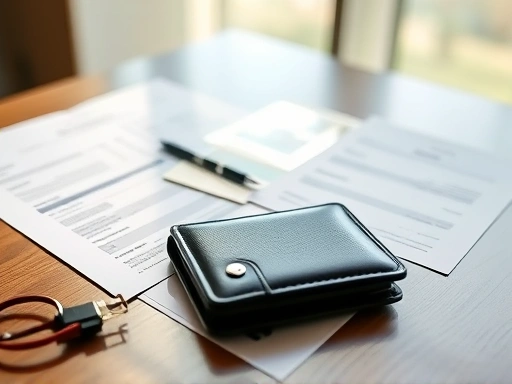 디지털 지갑과 중요한 문서들이 테이블 위에 놓여 있고, 밝은 자연광이 부드럽게 비추어 재산 상속의 신중함과 중요성을 상징하며 안정감과 신뢰감을 주는 이미지