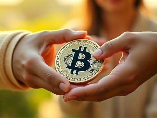 암호화폐를 나타내는 디지털 코인이 가족 구성원에게 전달되는 클로즈업 샷으로, 따뜻한 조명과 부드러운 초점을 사용하여 세대 간의 재산 이전의 감정적 연결과 가치를 강조하는 이미지