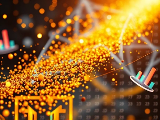 다양한 암호화폐를 보여주는 추상적인 배경 위에 금전적 가치를 상징하는 황금빛 입자가 흩뿌려진 이미지