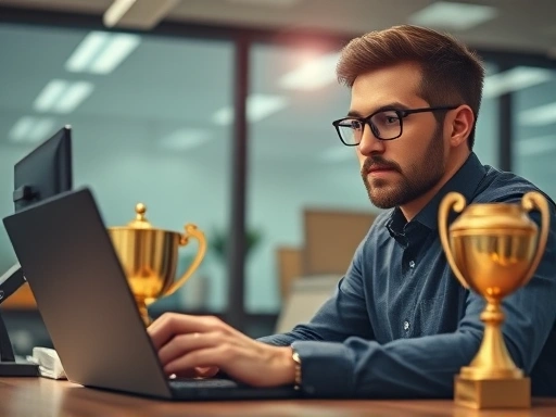 한 직장인이 밝은 조명 아래 노트북을 보며 암호화폐 차트를 분석하는 모습