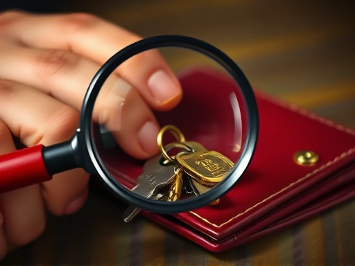 돋보기, 지갑, 열쇠, 붉은색과 노란색, 중요한 물건을 놓치는 불안함, 극적인 조명과 세부 묘사