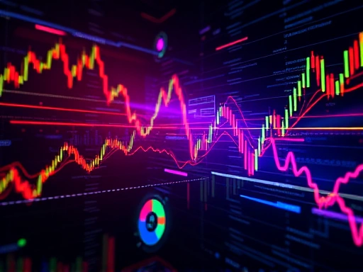 디지털 아트, 암호화폐 트레이딩 차트와 그래프가 역동적으로 교차하는 장면