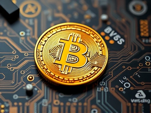 클로즈업 촬영, 복잡한 회로 기판 위에 비트코인 로고가 새겨진 금빛 코인이 놓여 있는 모습