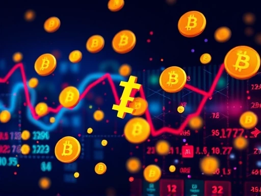 강렬한 색상 대비로 강조된 여러 암호화폐 기호가 있는 추상적인 배경은 금융 시장의 흥분과 변동성을 나타냅니다.