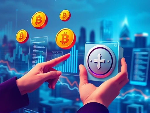 디지털 인터페이스에 암호화폐 아이콘이 떠다니고, 한 손은 거래소 인터페이스를, 다른 손은 금고를 가리키는 스타일리시한 장면