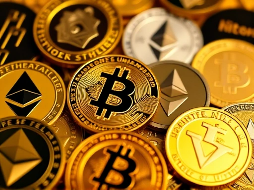 다양한 암호화폐 로고(비트코인, 이더리움 등)가 클로즈업된 이미지