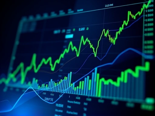 디지털 차트와 그래프가 겹쳐진 세련된 디자인으로 데이터 분석의 정교함을 나타내고, 깊은 파란색과 밝은 녹색 액센트를 사용하여 금융 통찰력과 혁신적인 기술의 분위기