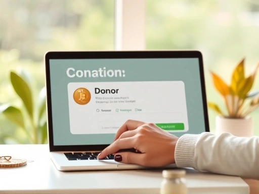 기부자가 암호화폐를 사용하여 온라인 플랫폼에서 기부하는 장면