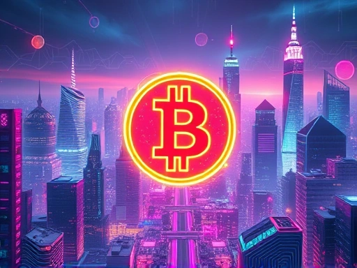 역동적인 색상과 사이버펑크 스타일의 미래지향적인 도시 풍경을 배경으로 암호화폐 로고가 빛나고 있으며, 이는 혁신과 기술 발전을 상징합니다.
