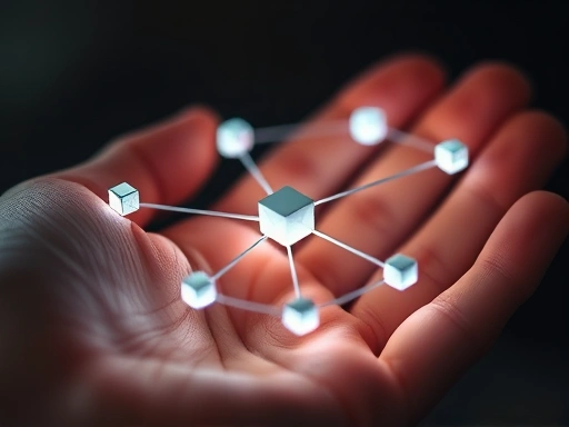 손으로 연결된 여러 개의 작은 블록체인 노드를 클로즈업하여 보여줍니다.