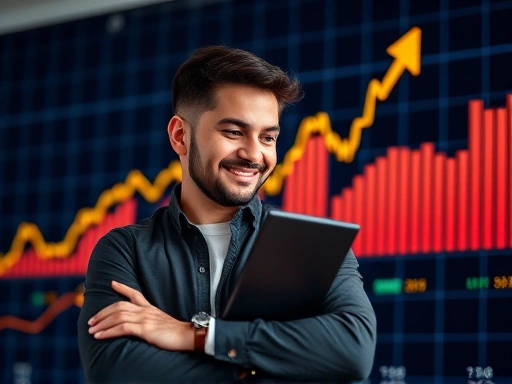 상승하는 암호화폐 차트를 배경으로, 투자자가 만족스러운 표정으로 그래프를 분석하는 모습
