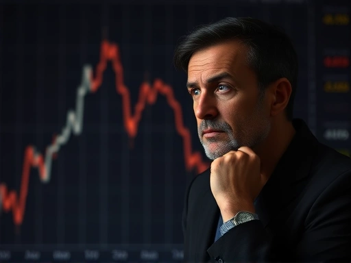 하락하는 암호화폐 차트를 배경으로, 투자자가 신중하게 손절매 시점을 고민하는 모습