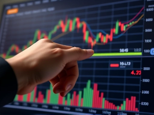 손가락으로 복잡한 암호화폐 거래 차트를 가리키는 클로즈업 샷으로, 데이터 기반 의사 결정을 강조합니다.