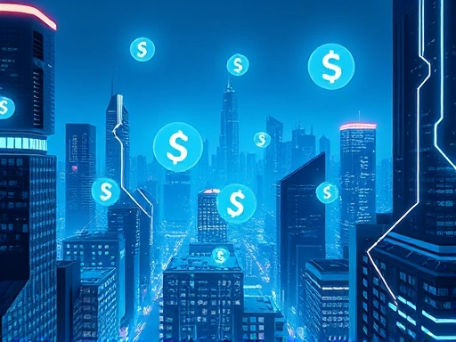 미래 지향적인 도시 풍경을 배경으로, 디지털 화폐가 공중에 떠다니는 모습