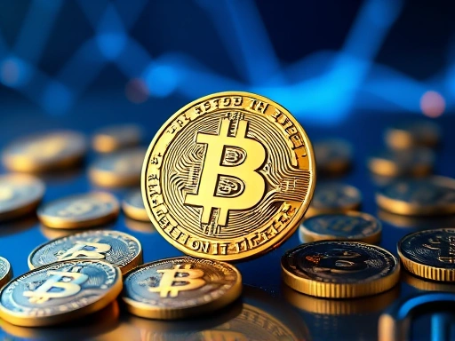 여러 개의 디지털 코인이 있는 추상적인 배경에서 반감기 이벤트의 개념을 나타내는 암호 화폐 비트코인 로고를 특징으로 합니다.