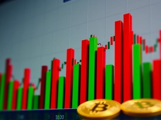 급등락하는 비트코인 차트, 붉은색과 녹색 막대가 혼재하며 불안정한 시장 분위기