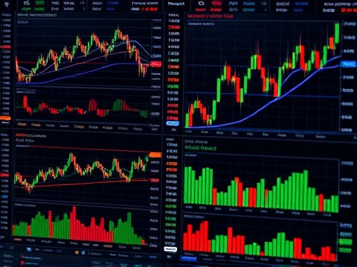 거래소 화면에 표시된 복잡한 차트와 그래프, 다양한 기술 지표와 거래량이 표시되어 전문적인 분석 도구 강조, 분석적인 분위기