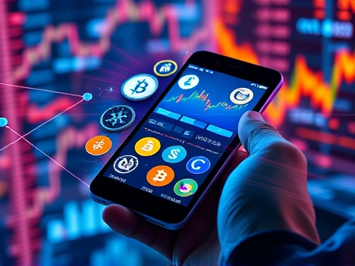 손에 든 스마트폰 화면에 다양한 암호화폐 로고와 차트가 나타나고, 그 주위로 복잡한 데이터 스트림이 흐르는 모습
