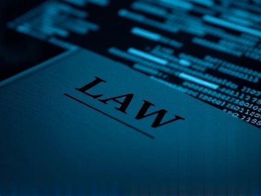 법률 서적과 디지털 코드가 겹쳐진 클로즈업 이미지