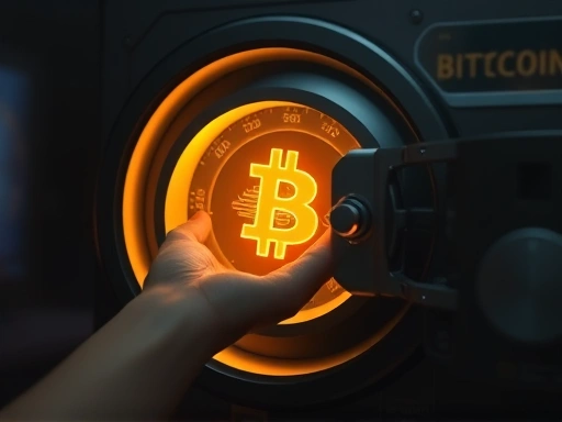 디지털 금고에서 손이 뻗어 나와 금고를 열고, 그 안에서 빛나는 비트코인이 보이는 장면