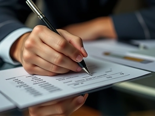 손으로 펜을 쥐고 거래 내역과 숫자를 적는 클로즈업 샷, 세심함과 정확성을 나타내고, 차분한 색상 팔레트와 섬세한 조명으로 개인적 연결을 강화하는 두 번째 이미지