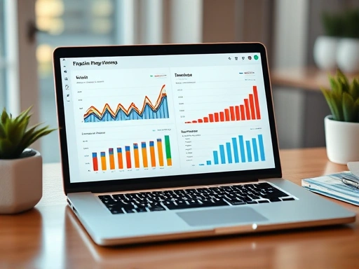 디지털 인터페이스, 그래프와 차트가 있는 노트북, 데이터 분석 및 재정 계획, 따뜻한 색조와 부드러운 조명으로 전문성과 신뢰성을 강조하는 첫 번째 이미지