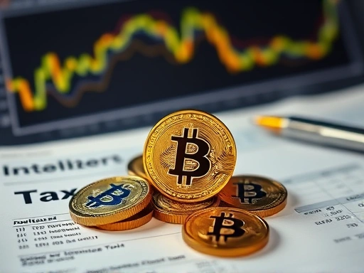 빛나는 디지털 코인이 세금 고지서 위에 놓여져 있으며, 복잡한 회계 소프트웨어가 배경에 흐릿하게 나타나 있어 암호화폐 세금의 디지털 시대의 혼란스러운 현실을 강조합니다.