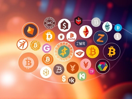 다양한 암호화폐 로고들이 모여 있는 추상적인 배경 이미지