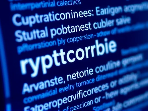 암호화폐 관련 기술 용어가 적힌 디지털 인터페이스의 클로즈업 이미지