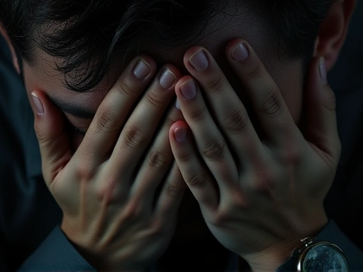 손으로 얼굴을 가린 투자자의 클로즈업, 손실에 대한 고뇌와 번민을 보여주는 어두운 그림자와 강렬한 대비의 촬영 스타일 이미지