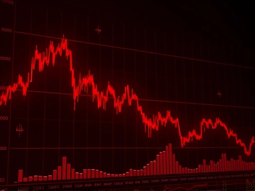 하락하는 암호화폐 차트와 붉은색 그래프, 불안한 투자 심리를 표현하는 어두운 조명과 불안정한 구도의 이미지