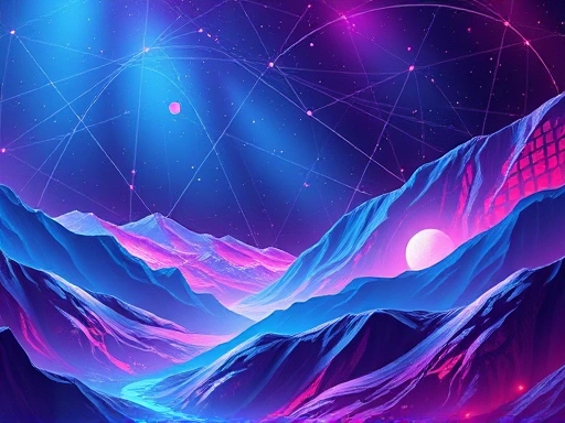 디지털 풍경이 있는 추상적인 시각적 은유는 블록체인 기술과 디지털 자산의 미래지향적인 특성을 나타냅니다.