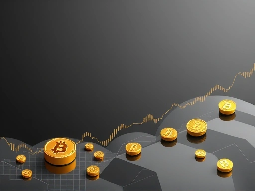 주요 암호화폐 아이콘이 있는 추상적인 금융 환경을 강조하고, 전략적 의사 결정을 위해 기술적 분석과 시장 동향에 대한 탐구를 유도하는 세련된 회색 및 금색 색상 팔레트를 사용하는 두 번째 이미지