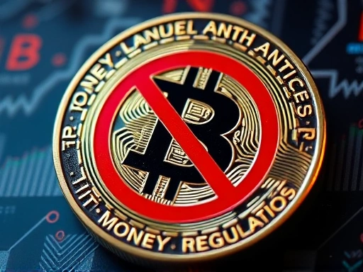자금 세탁 방지 규정을 상징하는 금지 마크가 표시된 가상 화폐 코인의 클로즈업, 깊이 있는 색상과 세부 묘사로 주제의 중요성을 부각하는 이미지