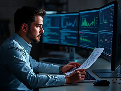 키보드와 모니터 앞에 앉아 암호화폐 관련 문서를 검토하는 분석가의 모습