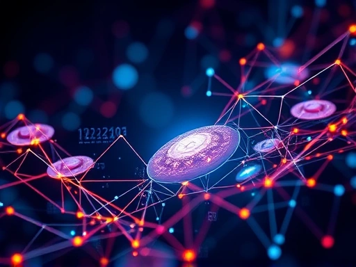 디지털 세계와 전통 금융 시스템 간의 역동적인 상호 작용을 보여주는 추상적인 이미지