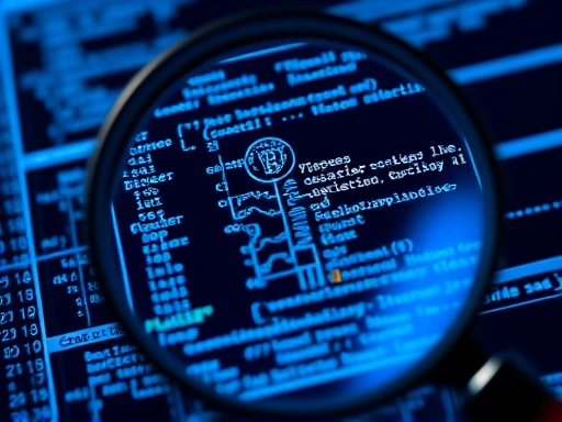 돋보기 아래에 있는 디지털 지갑의 클로즈업 샷으로, 복잡한 코드와 데이터 스트림이 강조되어 있어 암호화폐 보안의 복잡성을 상징합니다.