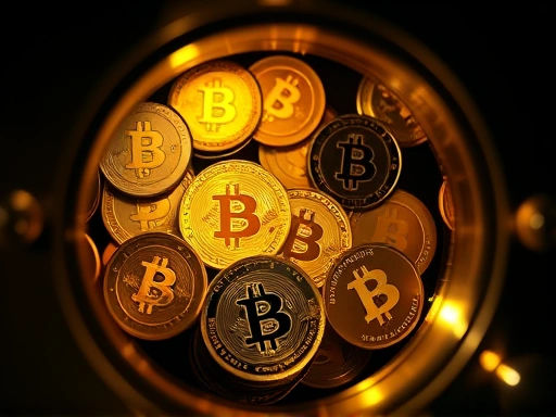 황금빛 금고 안에 안전하게 보관된 다양한 암호화폐 코인들의 클로즈업 샷입니다.