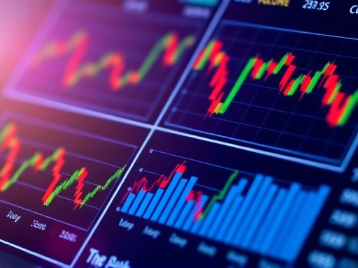 거래량과 가격 변동을 클로즈업하여 보여주는 차트, 데이터 분석의 중요성과 투자 전략의 신중함을 상징하는 이미지