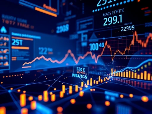 디지털 인터페이스와 금융 데이터가 결합된 추상적인 암호화폐 콘셉트.