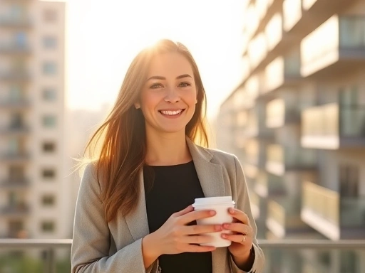 밝은 햇살 아래 현대적인 아파트 단지를 배경으로, 30대 직장인 여성이 커피를 들고 미소짓는 모습