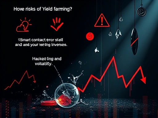 스마트 컨트랙트 오류, 해킹, 변동성 등 이자농사의 잠재적 위험 요소를 상징적으로 나타내는 이미지